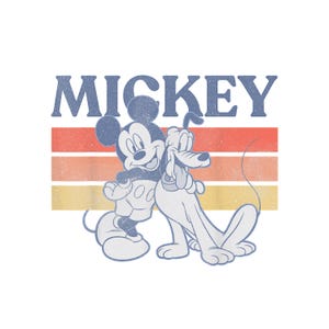 May include: A graphic featuring Mickey Mouse and Pluto in a vintage style. Mickey Mouse is smiling and embracing Pluto, who is sitting with his tongue out. The word "MICKEY" is above the characters, with orange, red, and yellow stripes behind them.