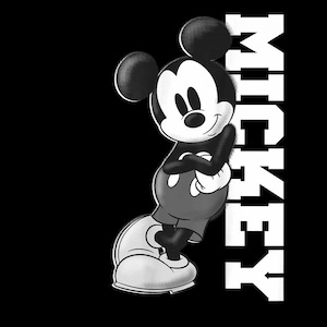 May include: A monochrome illustration of Mickey Mouse with crossed arms, wearing red shorts and white gloves. The word "MICKEY" is printed vertically in white block letters. The background is solid black.