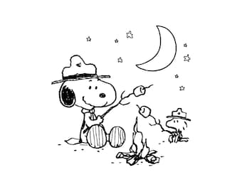 Peanuts Snoopy & Woodstock Camping with S’mores – Cute Campfire Cartoon PNG (Instant Download)