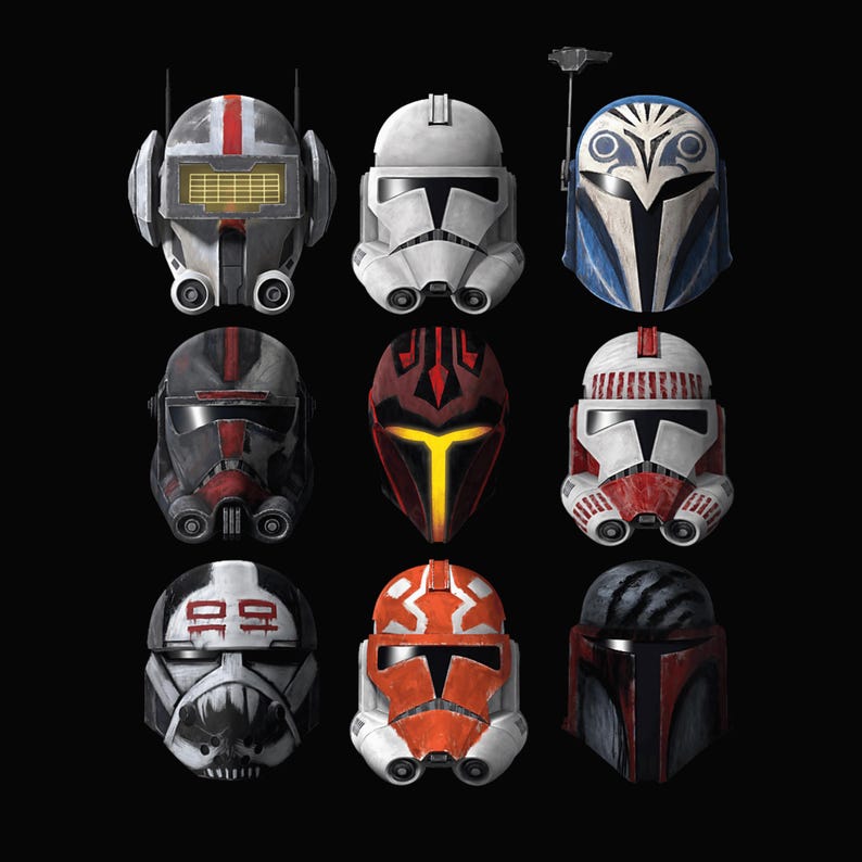 May include: Nine detailed illustrations of Star Wars helmets, each with unique designs and color schemes. The helmets include white, red, black, and orange accents, showcasing various characters and factions from the Star Wars universe. The helmets are displayed against a black background.