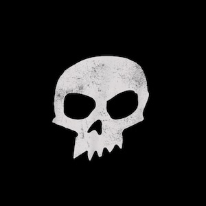 May include: A white skull graphic with a distressed effect is set against a black backdrop. The skull features large eye sockets and a jagged jawline, giving it a worn, vintage look. The design is simple and bold, with a strong visual impact.