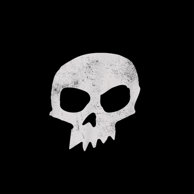 May include: A white skull graphic with a distressed effect is set against a black backdrop. The skull features large eye sockets and a jagged jawline, giving it a worn, vintage look. The design is simple and bold, with a strong visual impact.