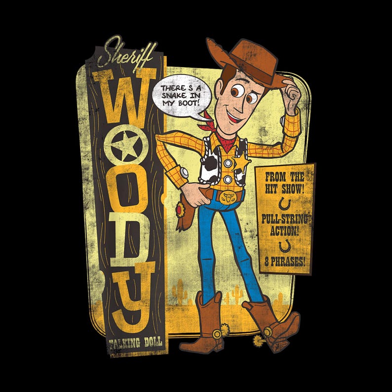 May include: A vintage-style illustration of Sheriff Woody from the movie Toy Story. Woody, in his cowboy attire, is tipping his hat. Text includes "There's a snake in my boot!" and "Pull-String Action! 8 Phrases!" on a black background.