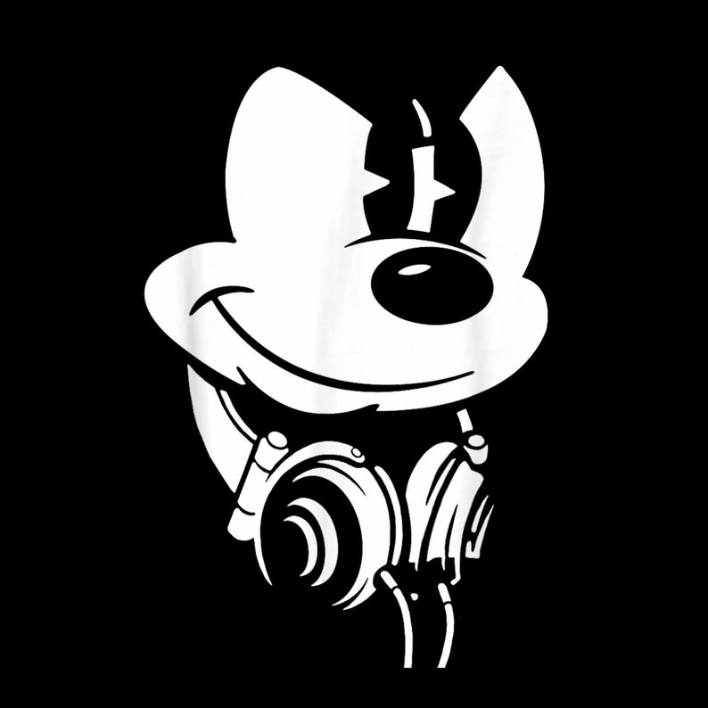 May include: White graphic of a cartoon mouse head with headphones on a black background. The mouse has a smiling expression and a stylized design. The headphones are also white and have a detailed, modern design.