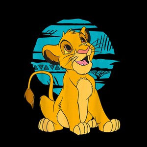 May include: A cartoon illustration of Simba from The Lion King. The lion cub is yellow with a pink nose and open mouth, sitting in front of a blue and black background with a savanna scene.