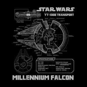 May include: Black graphic featuring a detailed blueprint of the Millennium Falcon, a YT-1300 transport from Star Wars. The design includes specifications and the text "STAR WARS YT-1300 TRANSPORT" and "MILLENNIUM FALCON".