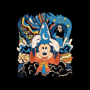 May include: A colorful illustration featuring Mickey Mouse in a blue wizard hat with a crescent moon and stars. He wears a red robe and stands against a backdrop of swirling blue and orange designs, with a wizard figure in the background.