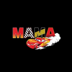 Könnte beinhalten: Schwarzer Hintergrund mit dem Wort "MAMA" in roten und gelben Blockbuchstaben. Ein rotes Cartoon-Rennauto mit der Nummer 95 rast über den unteren Bildrand und hinterlässt eine weiße Rauchspur.