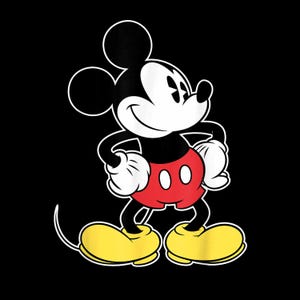 May include: Classic cartoon illustration of Mickey Mouse on a black background. Mickey is depicted in his iconic pose, wearing red shorts, yellow shoes, and white gloves. His black ears and tail are visible, and he has a cheerful expression.