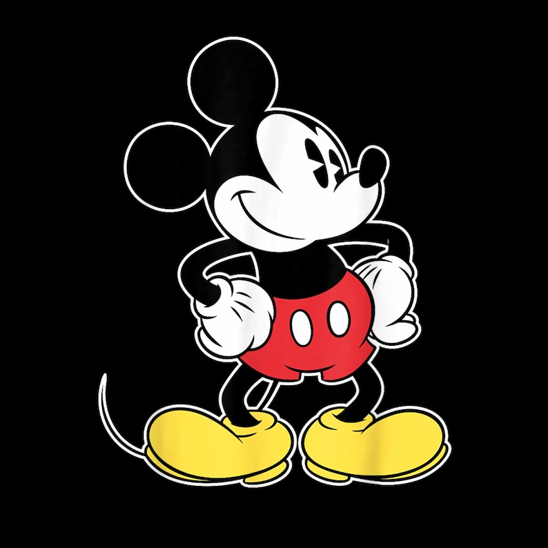 May include: Classic cartoon illustration of Mickey Mouse on a black background. Mickey is depicted in his iconic pose, wearing red shorts, yellow shoes, and white gloves. His black ears and tail are visible, and he has a cheerful expression.