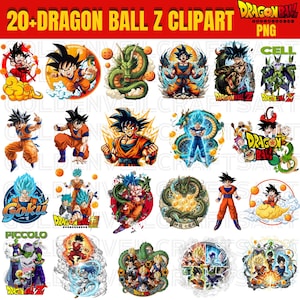 May include: A selection of over 20 Dragon Ball Z clipart images in PNG format. The illustrations showcase characters like Goku, Piccolo, and Cell in dynamic poses. The color scheme includes orange, blue, green, and yellow.