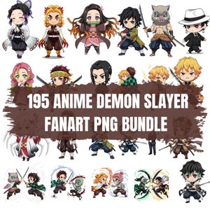 Puede incluir: Una colección de personajes de anime estilo chibi de Demon Slayer. La imagen presenta varios personajes con espadas y atuendos únicos. El texto en la imagen dice "195 Anime Demon Slayer Fanart PNG Bundle."