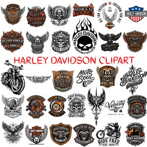 Op de afbeelding: Een verzameling Harley Davidson-thema clipart afbeeldingen. De ontwerpen omvatten motorfiets emblemen, schedels, vleugels en tekst zoals "Ride Free" en "American Iron". Het kleurenpalet is voornamelijk zwart, oranje en wit.