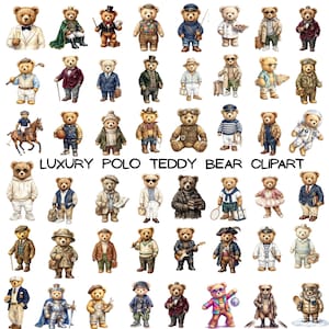 Puede incluir: Ilustraciones en acuarela de osos de peluche con varios atuendos y poses. Los osos visten ropa formal, ropa informal y disfraces temáticos. El texto "LUXURY POLO TEDDY BEAR CLIPART" se muestra debajo.