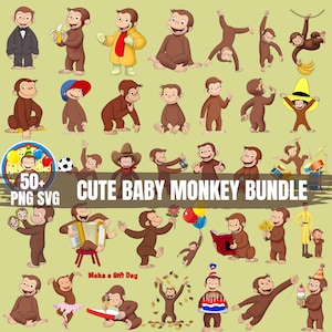 May include: A digital illustration of cartoon monkeys in various poses and outfits. The image includes the text "Cute Baby Monkey Bundle" and "50+ PNG SVG". The monkeys are brown and wear different accessories, set against a pale green background.