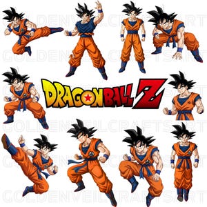 Könnte beinhalten: Eine Sammlung von Cartoon-Illustrationen von Goku aus Dragon Ball Z in verschiedenen Actionposen. Goku wird in seinem charakteristischen orangefarbenen und blauen Gi mit stacheligen schwarzen Haaren dargestellt. Das Dragon Ball Z-Logo ist ebenfalls vorhanden.