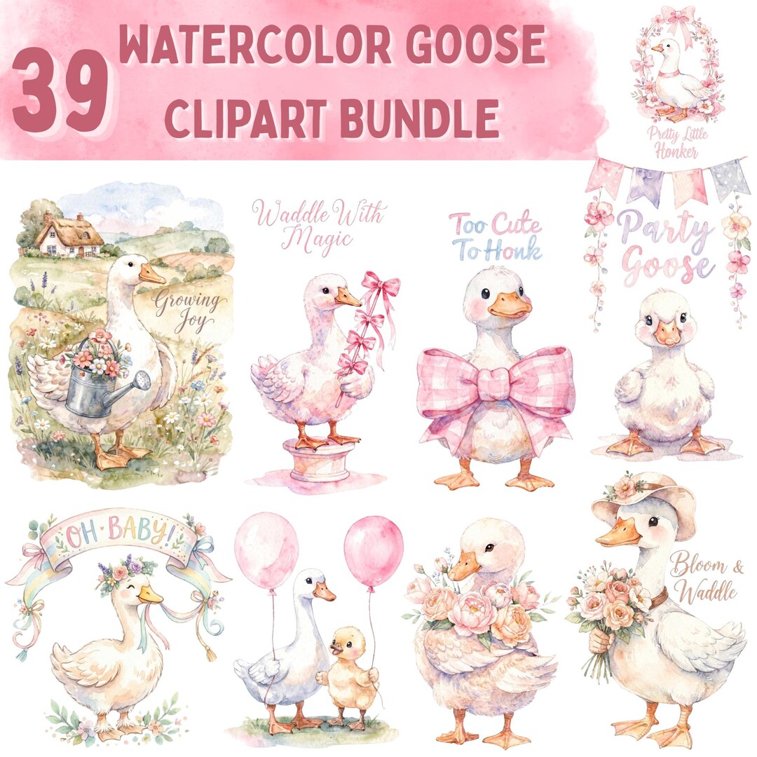39 Silly Goose Watercolor PNG Bundle, Pink Coquette Goose Clipart, Baby ...