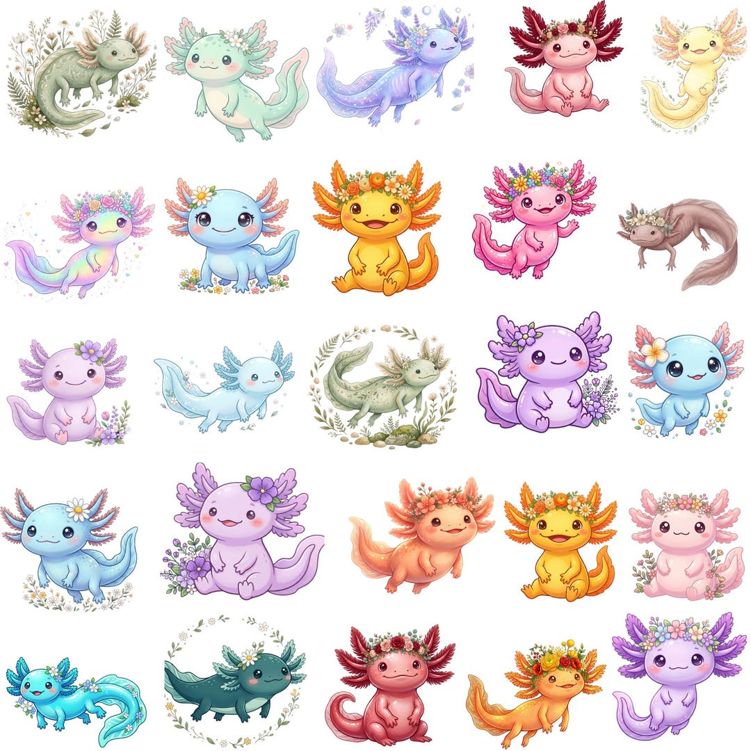 Floral Axolotl PNG Bundle, Cute Kawaii Axolotl Clipart, Pastel Animal ...