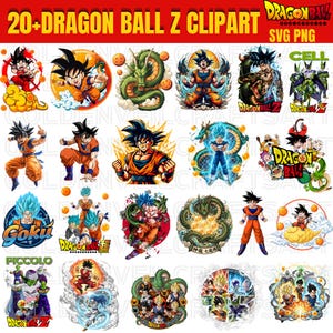 Puede incluir: Una colección de más de 20 imágenes prediseñadas de Dragon Ball Z, que muestran personajes como Goku, Piccolo y Cell en varias poses dinámicas. Las imágenes son de colores vibrantes e incluyen el texto "DRAGON BALL Z CLIPART" y "SVG PNG".