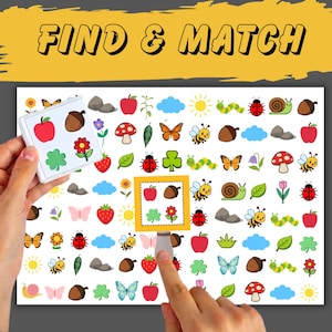 Peut inclure: Une feuille d'activité Find & Match avec une grille d'icônes colorées incluant des pommes, des glands, des papillons, des abeilles, des coccinelles, des champignons, des fleurs, des nuages et des rochers. Une carte et une tuile montrent ces icônes.
