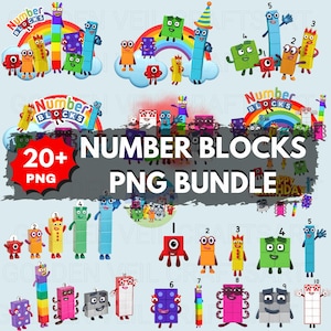 May include: A digital PNG bundle featuring colorful Number Blocks characters. The image includes various characters with numbers 1-10, rainbows, and the text "Number Blocks PNG Bundle". The bundle includes over 20 PNG files.