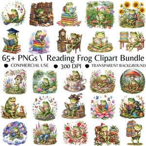 Lesefrosch-Clipart-Bundle (PNG), Bücherwurm-Frosch-Aquarell-Clipart, niedliche Bibliotheksfrosch-Grafiken, Lehrerfrosch-Bundle (über 65 PNGs)