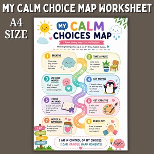 Könnte beinhalten: Ein A4-Arbeitsblatt mit dem Titel My Calm Choices Map, das acht nummerierte Schritte zur emotionalen Selbstregulation darstellt. Die bunte Grafik enthält Illustrationen von Sonne, Wolke, Pinguin und Gehirn sowie Texte wie Breathe und Reach Out.