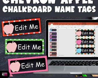 Editable Chevron Apple Chalkboard Name Plates | Desk Tags Classroom Labels | Back to School Organization | PowerPoint PDF No Prep Printable