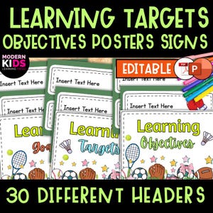 May include: A set of editable learning target posters and signs featuring sports-themed graphics like tennis rackets, shuttlecocks, and balls. The text includes "Learning Targets," "Objectives," "Goals," and "Insert Text Here" with colorful stars.