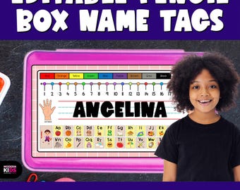 Editable Pencil Box Name Tags | Alphabet Desk Strips with Numbers | Student Pencil Box Labels | Classroom Desk Name Plates
