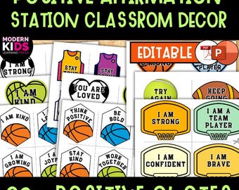 Sports Affirmation Cards Classroom | 66 Positive Affirmation Station | Basketball Jersey Back to School | Editable Bulletin Board PDF