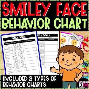 May include: A colorful behavior chart with the text "SMILEY FACE BEHAVIOR CHART" in red and green. The chart includes daily and weekly goal trackers with smiley face and sad face emojis. A cartoon child is shown next to the charts.