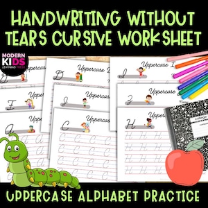 May include: A collection of handwriting worksheets for uppercase alphabet practice. The worksheets feature cursive letter examples, with a green caterpillar graphic, a red apple, and a spiral notebook. The text reads "HANDWRITING WITHOUT TEARS CURSIVE WORKSHEET".