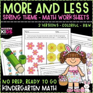 Puede incluir: Un conjunto de hojas de trabajo de matemáticas para niños de jardín de infantes con temática de primavera. Las hojas de trabajo presentan imágenes de flores, regaderas y mariposas. El texto en las hojas de trabajo dice "Más y Menos" y "Cuenta cada grupo de imágenes".