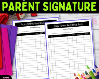Daily Home Reading Log Parent Signature | Reading Homework Tracker Printable | Family Literacy Accountability | Elementary No Prep PDF PNG