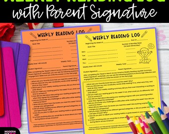 Weekly Reading Log Parent Signature | 5 Themes Printable | Reading Homework Tracker | Elementary Literacy Accountability No Prep PDF PNG