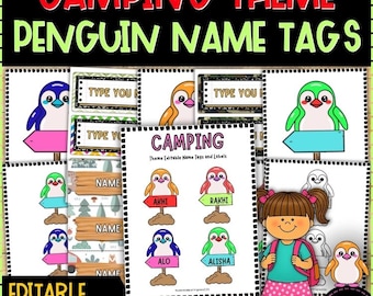 Camping Penguin Name Tags Editable | 23 Designs Color Black White Labels | Desk Cubby Classroom Organization | Back to School PowerPoint PDF