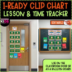 May include: An I-Ready clip chart lesson and time tracker set featuring colorful rectangular cards with text and illustrations. The set includes labels for minutes and lessons passed, designed for display on a classroom door or bulletin board.