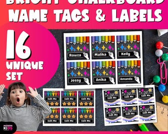Editable Chalkboard Name Tags | Bright Student Desk Name Tag | Classroom Labels Back to School | Color Options PowerPoint PDF Prep Printable