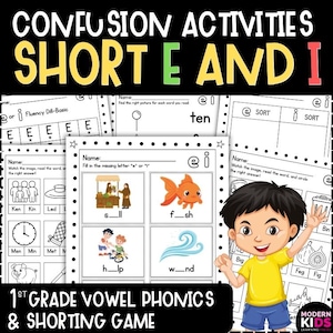 Attività per confondere le vocali brevi E e I / Schede di fonetica per la prima elementare / Giochi di classificazione delle vocali brevi e interventi di lettura