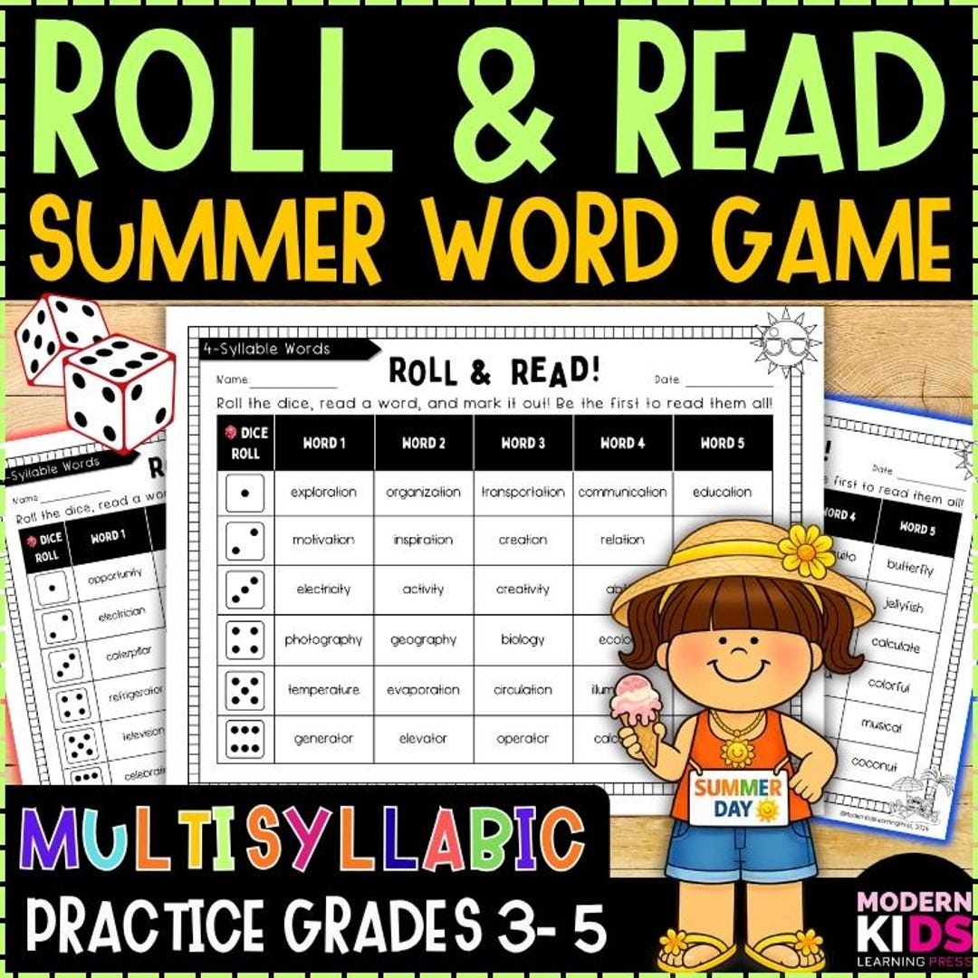 Summer Roll and Read Multisyllabic Words Games | 3rd 4th 5th Grade ...