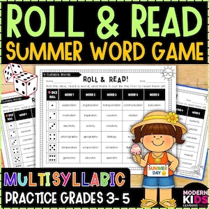 May include: A colorful educational game titled "Roll & Read Summer Word Game" for grades 3-5. The image features dice, word lists, and a cartoon girl holding ice cream. The game focuses on multisyllabic word practice.