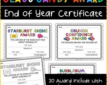 Editable Candy Awards | End of Year Student Certificates | Classroom Awards Candy Puns | PreK-12 Color Black White No Prep Printable