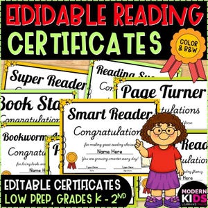 May include: A collection of editable reading certificates for grades K-2. The certificates have a white background with gold star accents and are labeled "Super Reader", "Book Star", and "Smart Reader". A cartoon girl in a red shirt and purple skirt is pointing to the certificates.