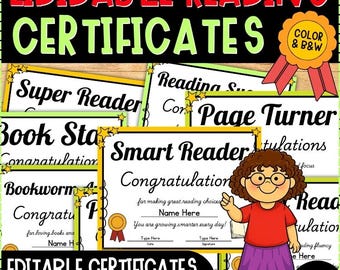 Editable Reading Certificates Awards | End of Year Superlative Reading Achievement | Color Black White Printable | PowerPoint PDF Templates