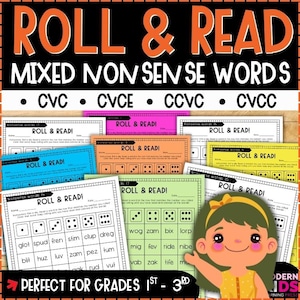 May include: Educational printable worksheets titled "ROLL & READ" with mixed non-sense words. The worksheets are in various colors and feature dice and a cartoon girl. The text includes "CVC, CVCE, CCVC, CVCC" and "PERFECT FOR GRADES 1ST - 3RD".