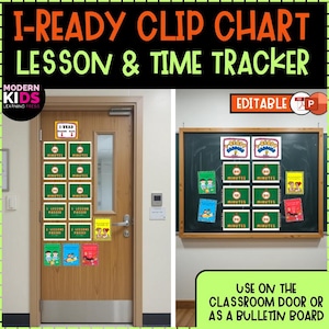 May include: An I-Ready clip chart lesson and time tracker set featuring colorful rectangular cards with text and illustrations. The set includes labels for minutes and lessons passed, designed for display on a classroom door or bulletin board.
