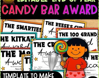 Editable Candy Bar Awards Certificates | End of Year Student Superlatives | Classroom Awards Ceremony | PowerPoint Templates, Grade 2nd-6th