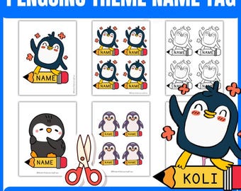 Penguin Name Tags Labels Editable | Cubby Desk Locker Classroom Labels | Winter Penguin Theme Decor Designs Color Black White PowerPoint PDF