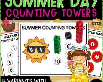 Counting Towers Number Stairs PreK Math | Summer Hands On Number Sense Centers | 64 Pages Color Black White | Kindergarten  Printable PDF